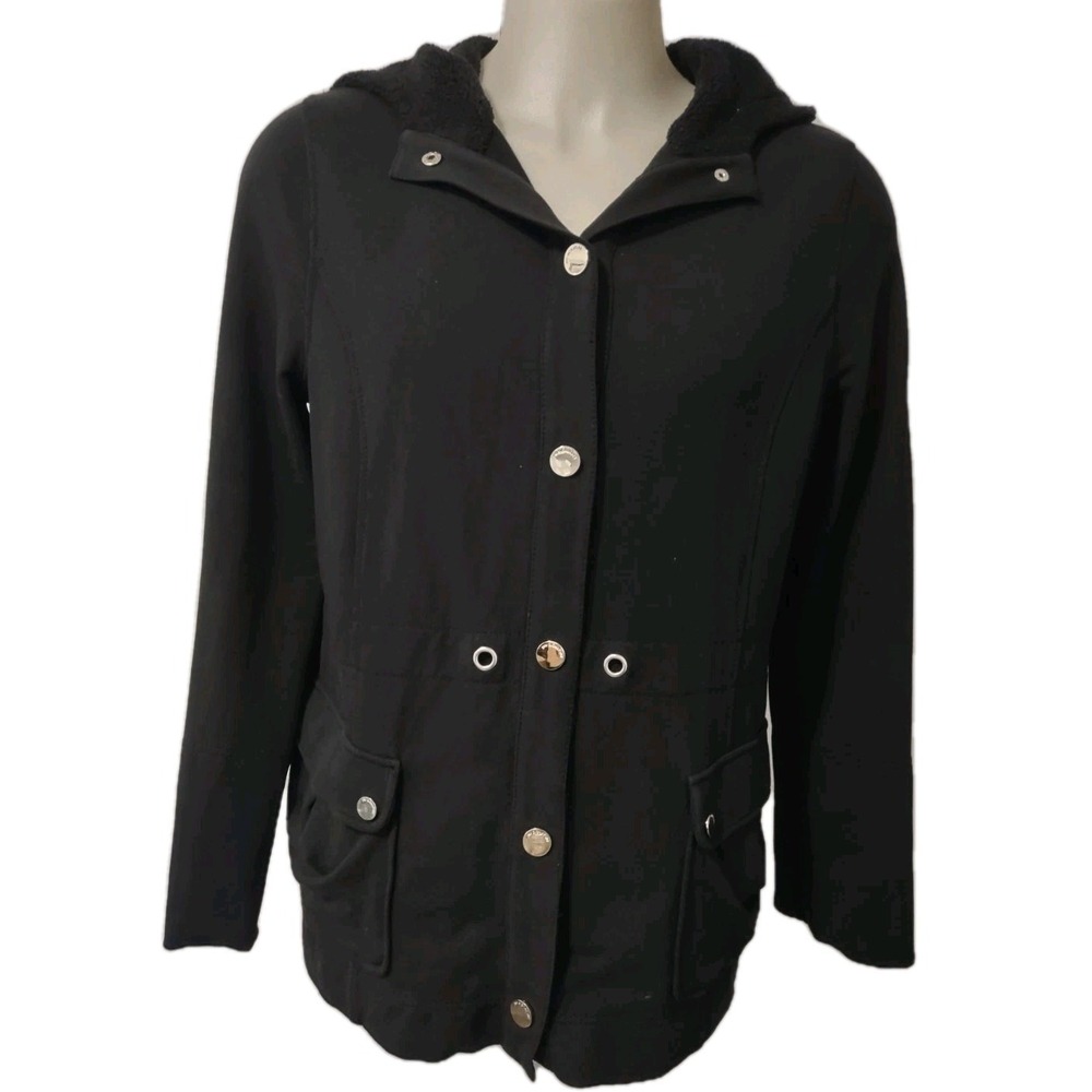 Jones New York Jacket Women's Size XL Hooded Snap Up Roll Up Sleeve Pocket Black